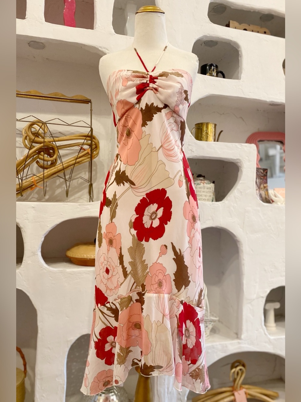 Y2K Vintage White Floral Flowy Mesh Halter Dress with Ruched Bust and Ruffle Hem